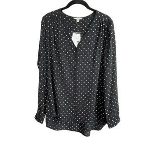 NWT Pleione Black White‎ Polka Dot Blouse L Button Up Long Sleeve High Low